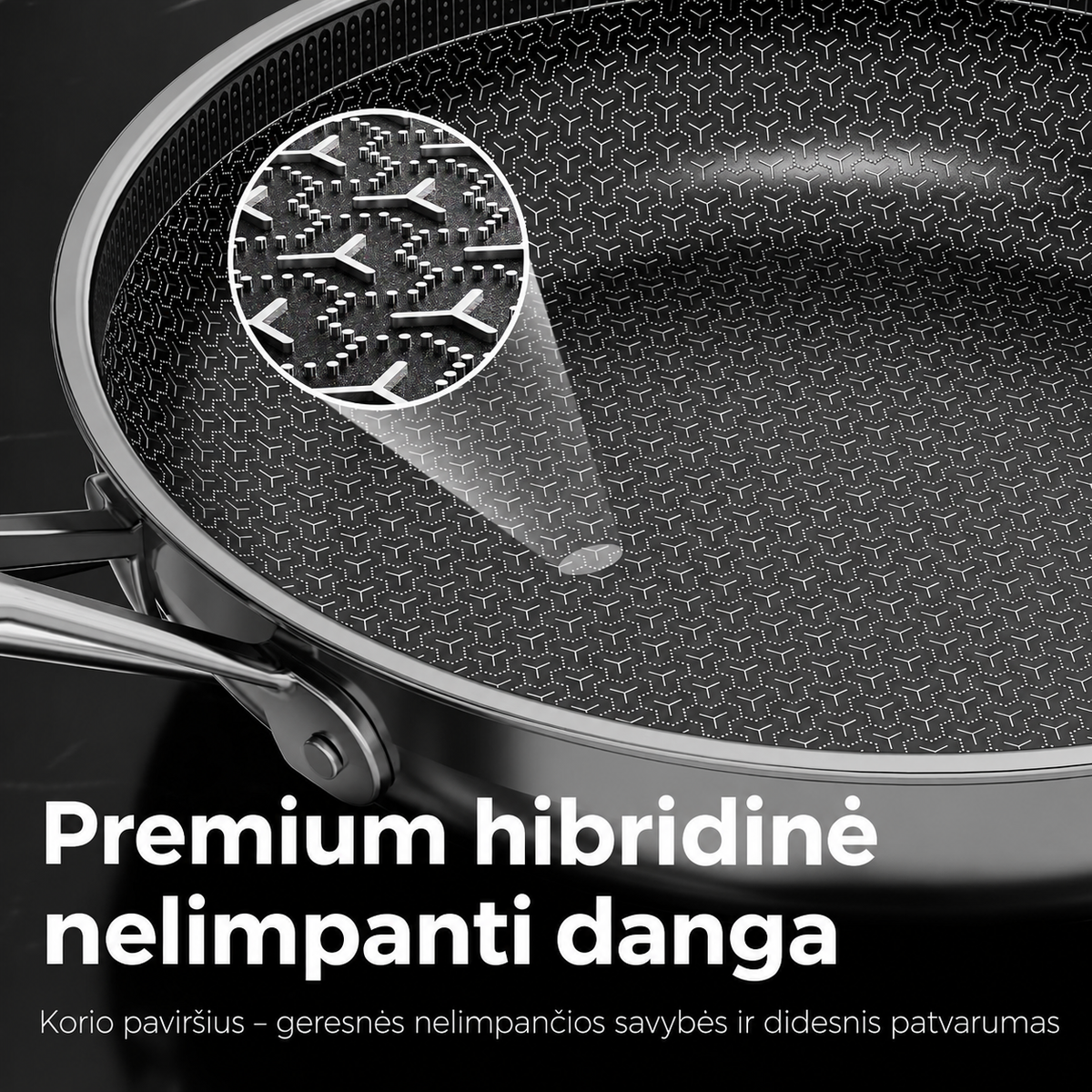 28 cm hibridinė nerūdijančio plieno keptuvė su korio struktūra