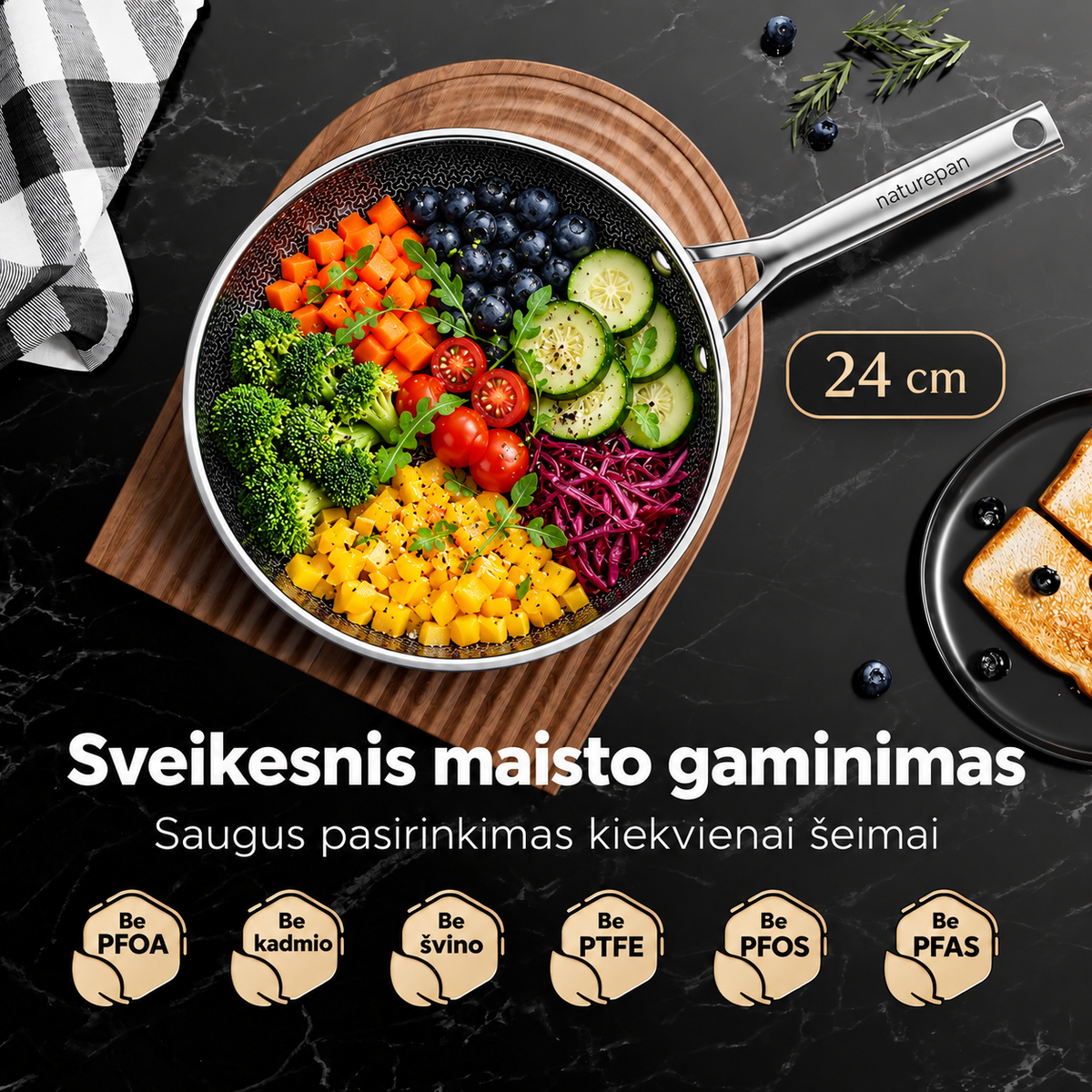 24 cm hibridinė nerūdijančio plieno keptuvė su korio struktūra