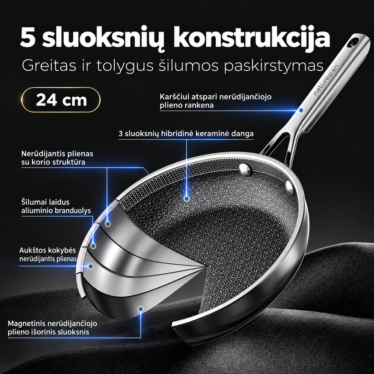 24 cm hibridinė nerūdijančio plieno keptuvė su korio struktūra