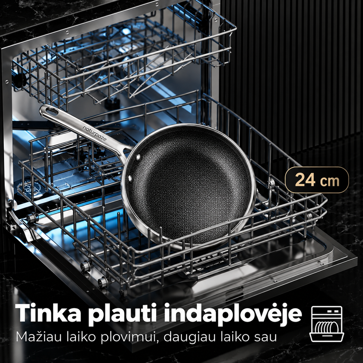 24 cm hibridinė nerūdijančio plieno keptuvė su korio struktūra