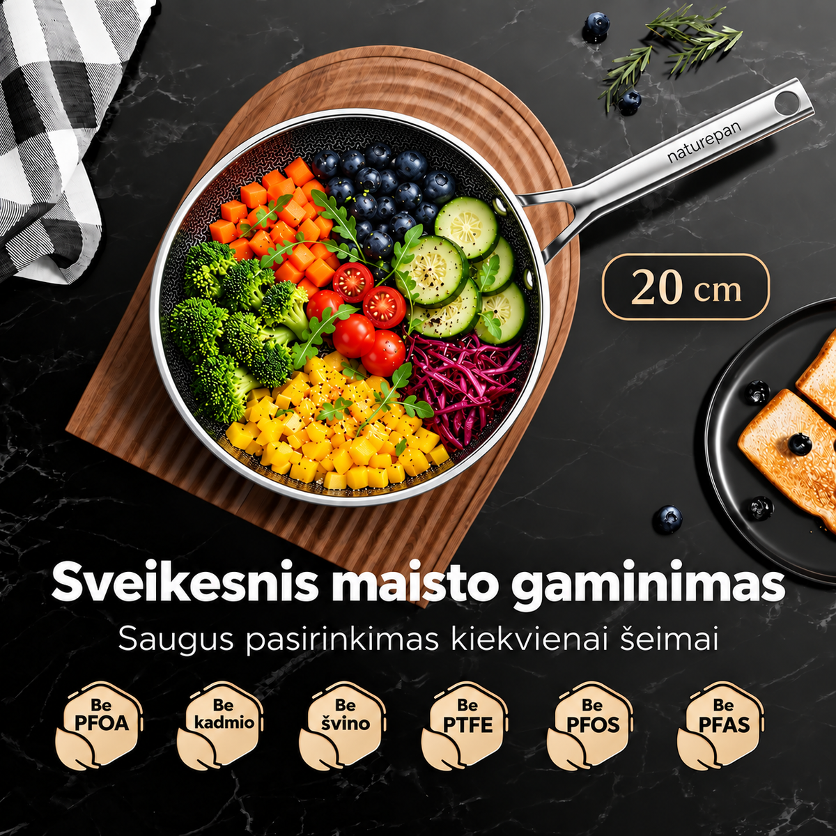 20 cm hibridinė nerūdijančio plieno keptuvė su korio struktūra
