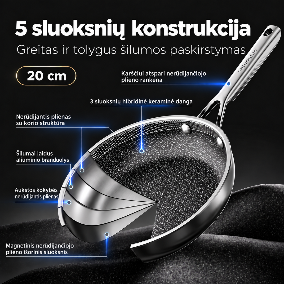 20 cm hibridinė nerūdijančio plieno keptuvė su korio struktūra