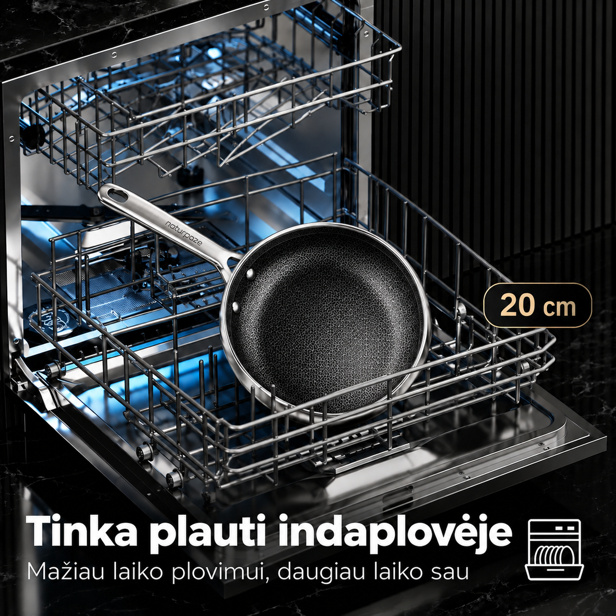20 cm hibridinė nerūdijančio plieno keptuvė su korio struktūra