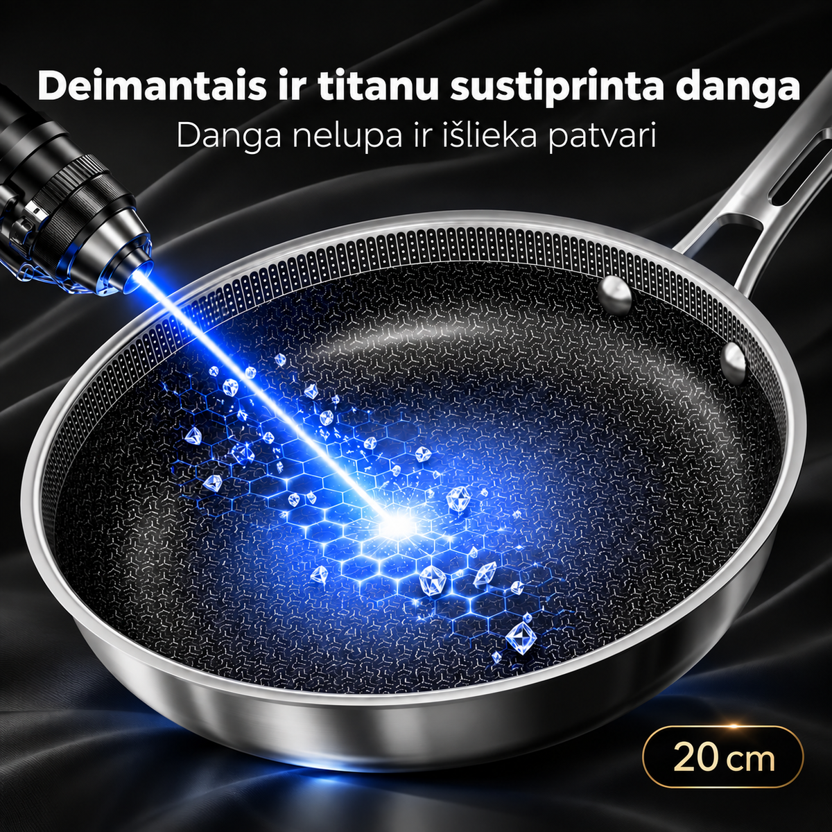 20 cm hibridinė nerūdijančio plieno keptuvė su korio struktūra