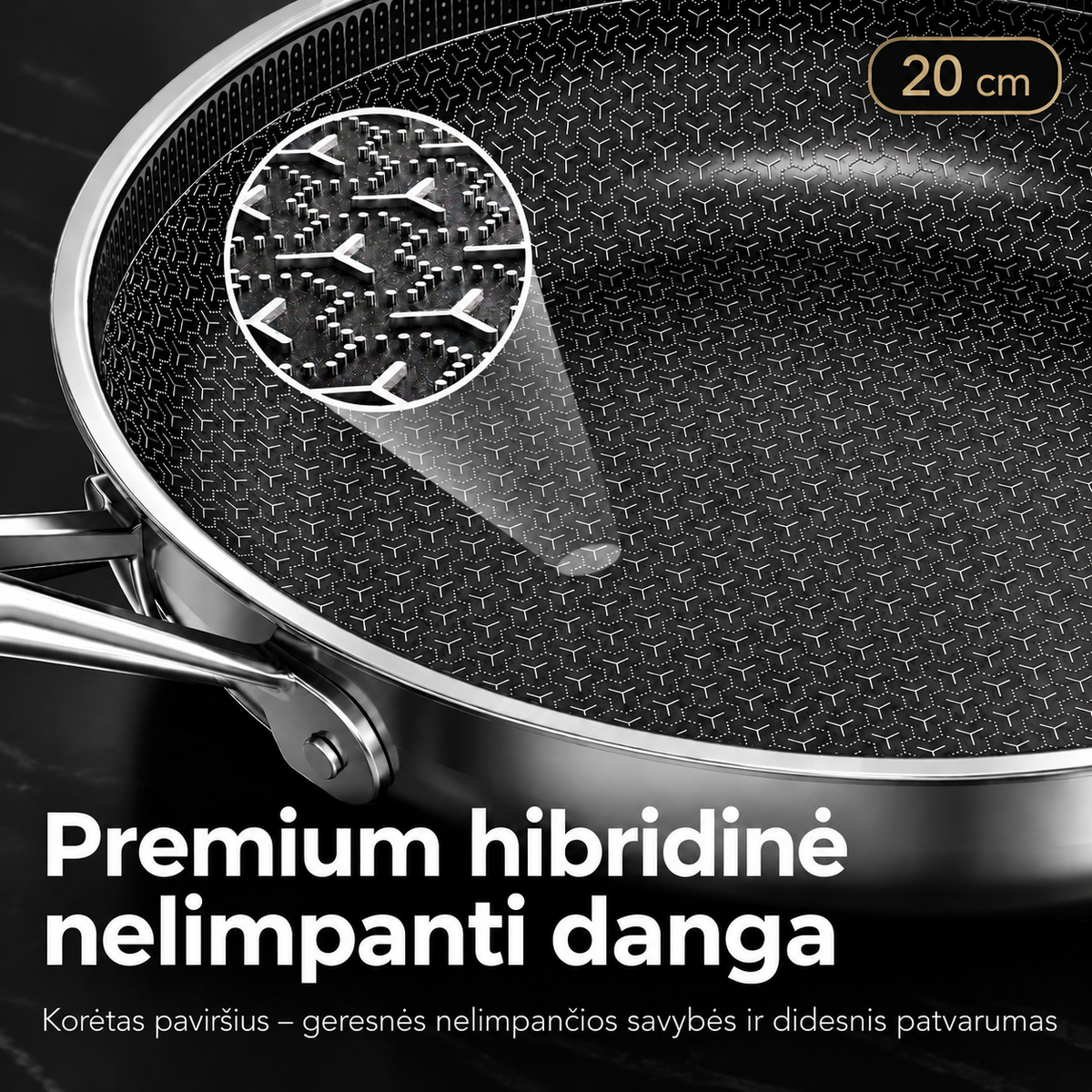 20 cm hibridinė nerūdijančio plieno keptuvė su korio struktūra