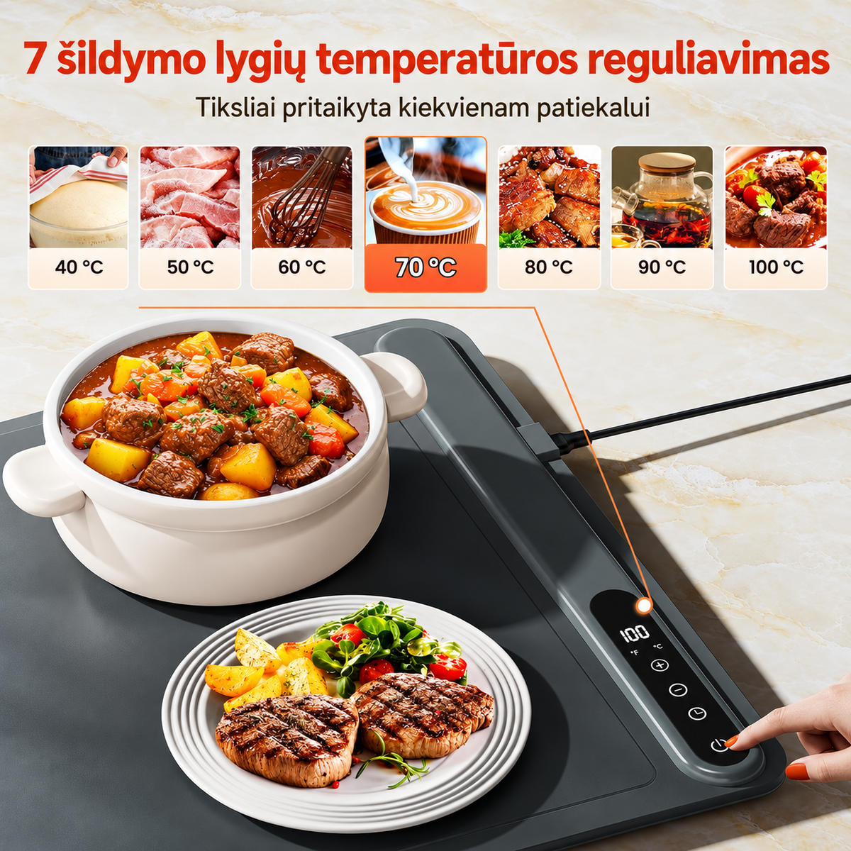Elektrinis maisto šildymo kilimėlis su 3 temperatūros lygiais