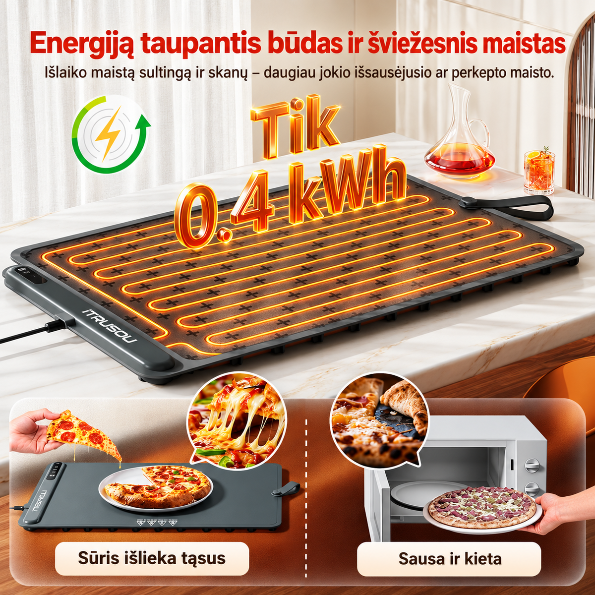 Elektrinis maisto šildymo kilimėlis su 3 temperatūros lygiais
