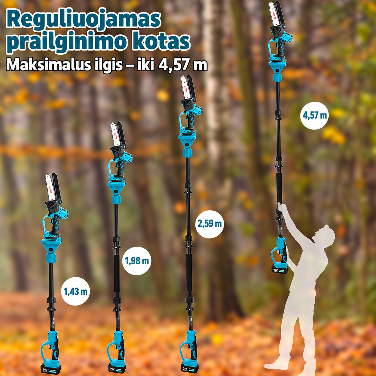 4in1 akumuliatorinis genėjimo rinkinys su teleskopiniu kotu