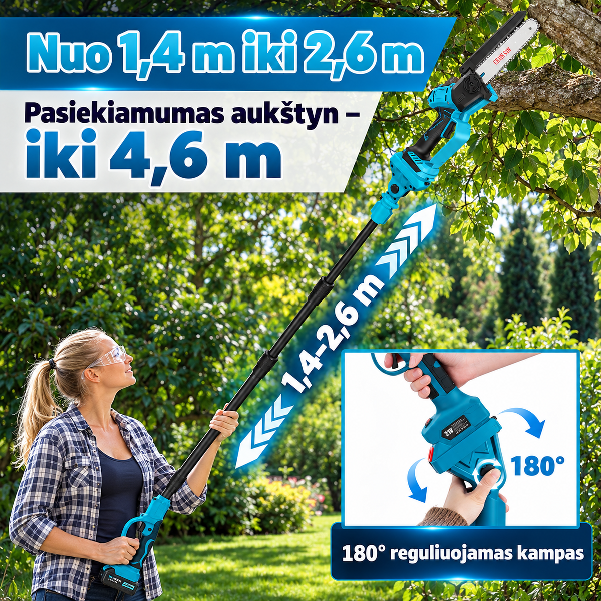 4in1 akumuliatorinis genėjimo rinkinys su teleskopiniu kotu