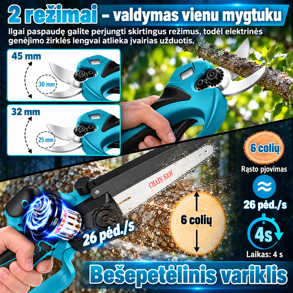 4in1 akumuliatorinis genėjimo rinkinys su teleskopiniu kotu