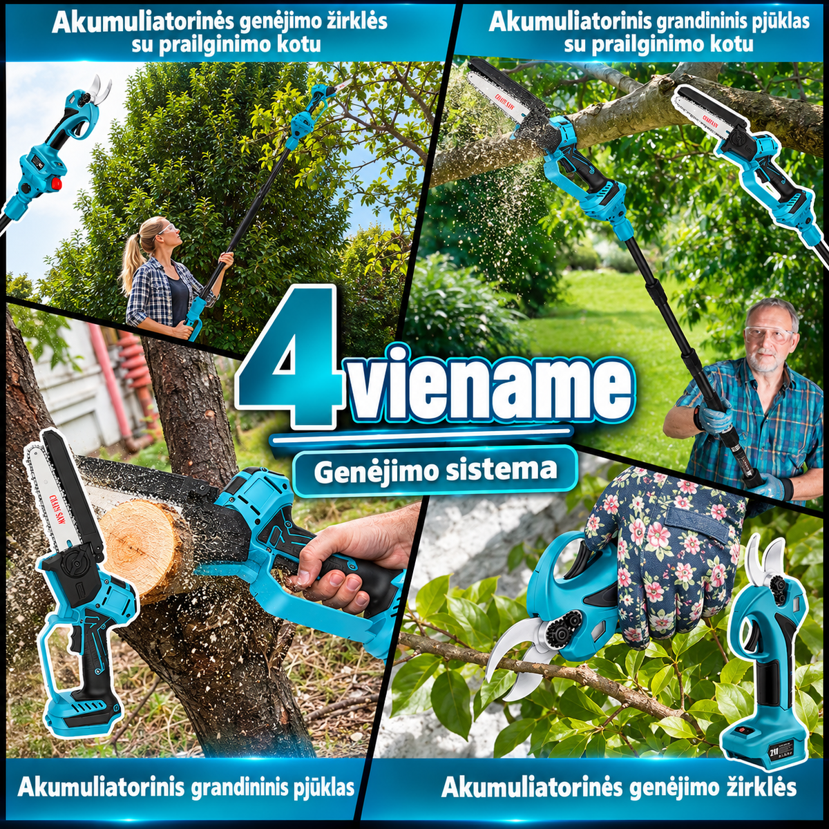 4in1 akumuliatorinis genėjimo rinkinys su teleskopiniu kotu