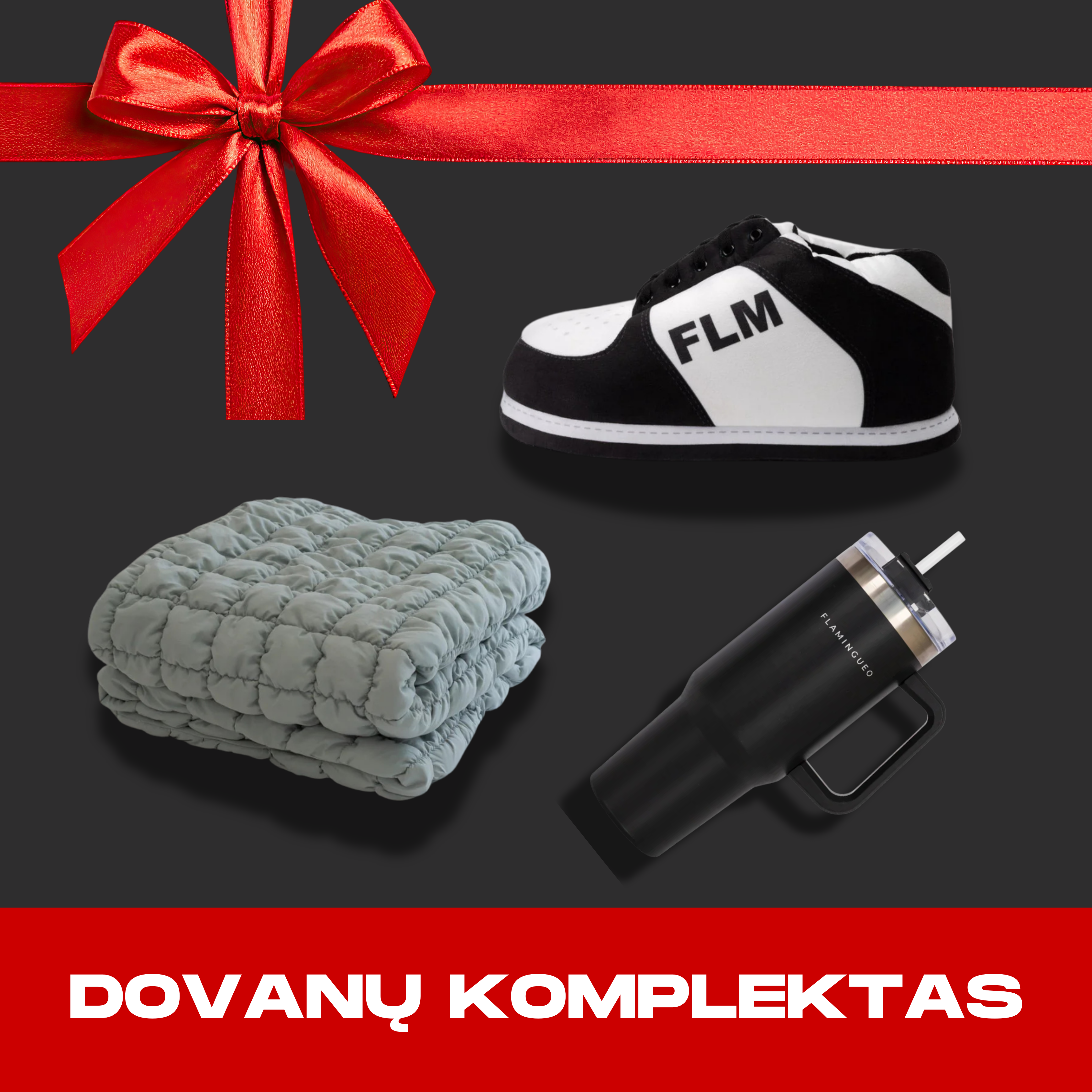 Juoda gertuvė + juodai baltos šlepetės + žalias pledas