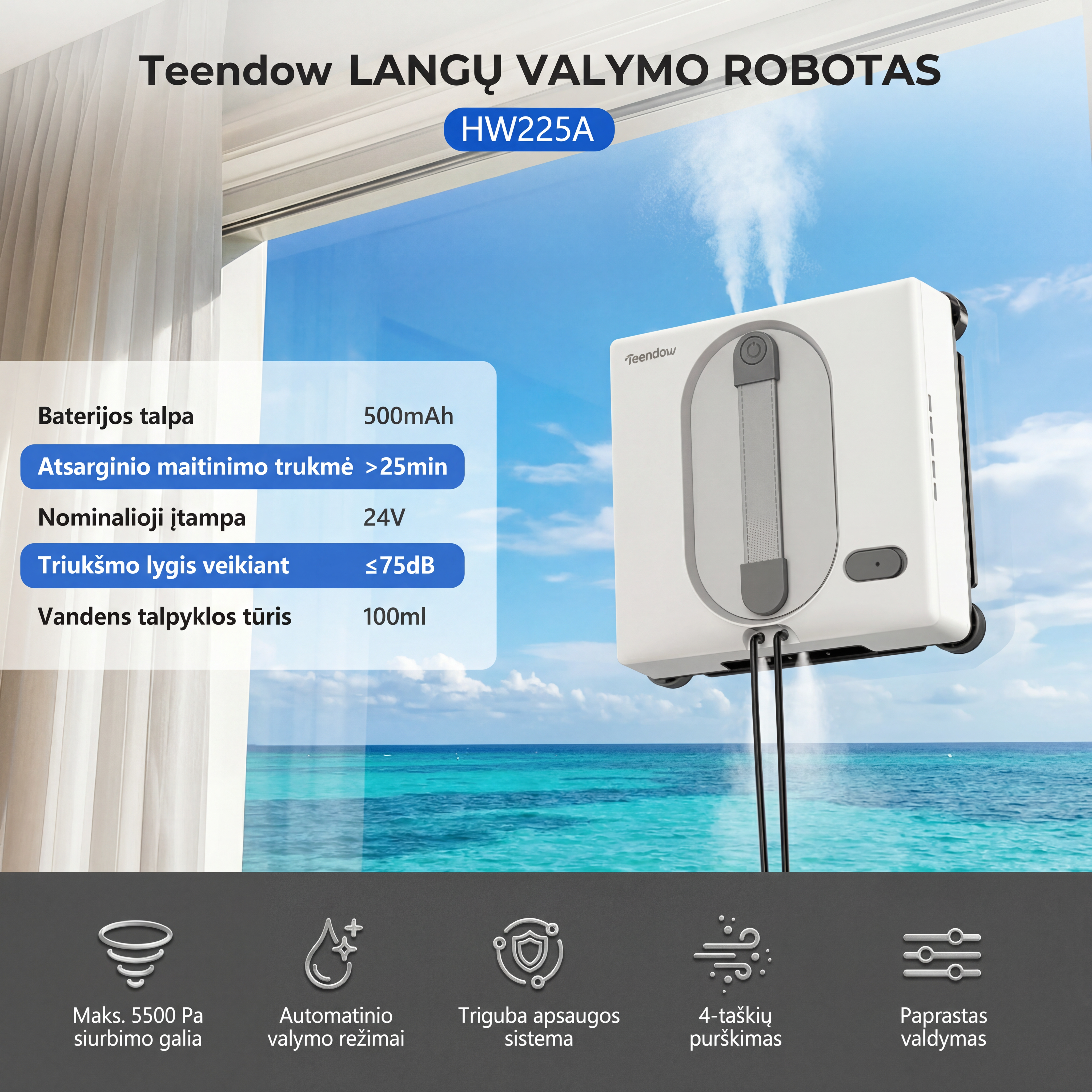 Teendow HW6 langų valymo robotas su WiFi ir automatiniu purškimu