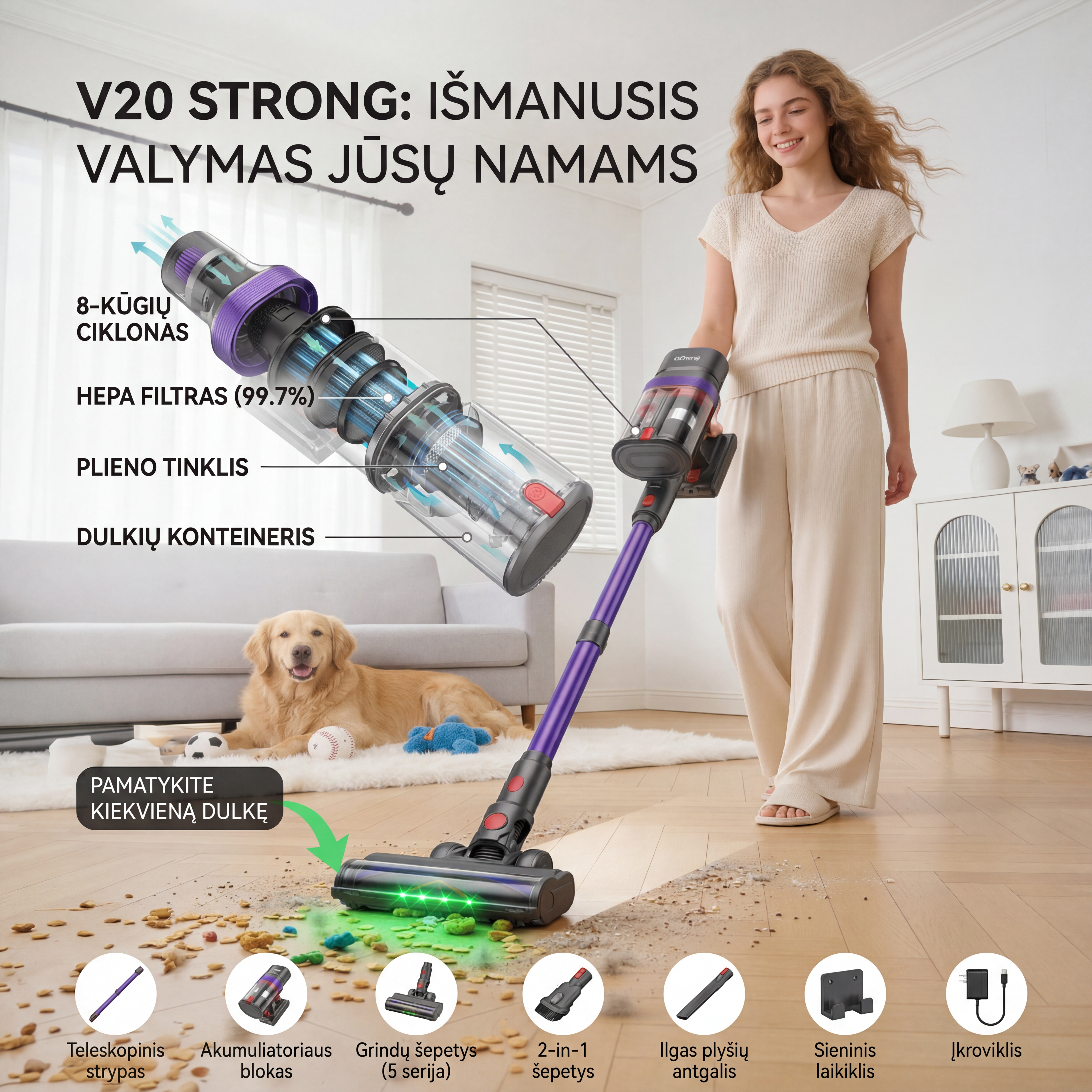 V20 Strong belaidis siurblys 500W – 25 000 Pa, 70 min. veikimas, HEPA filtracija