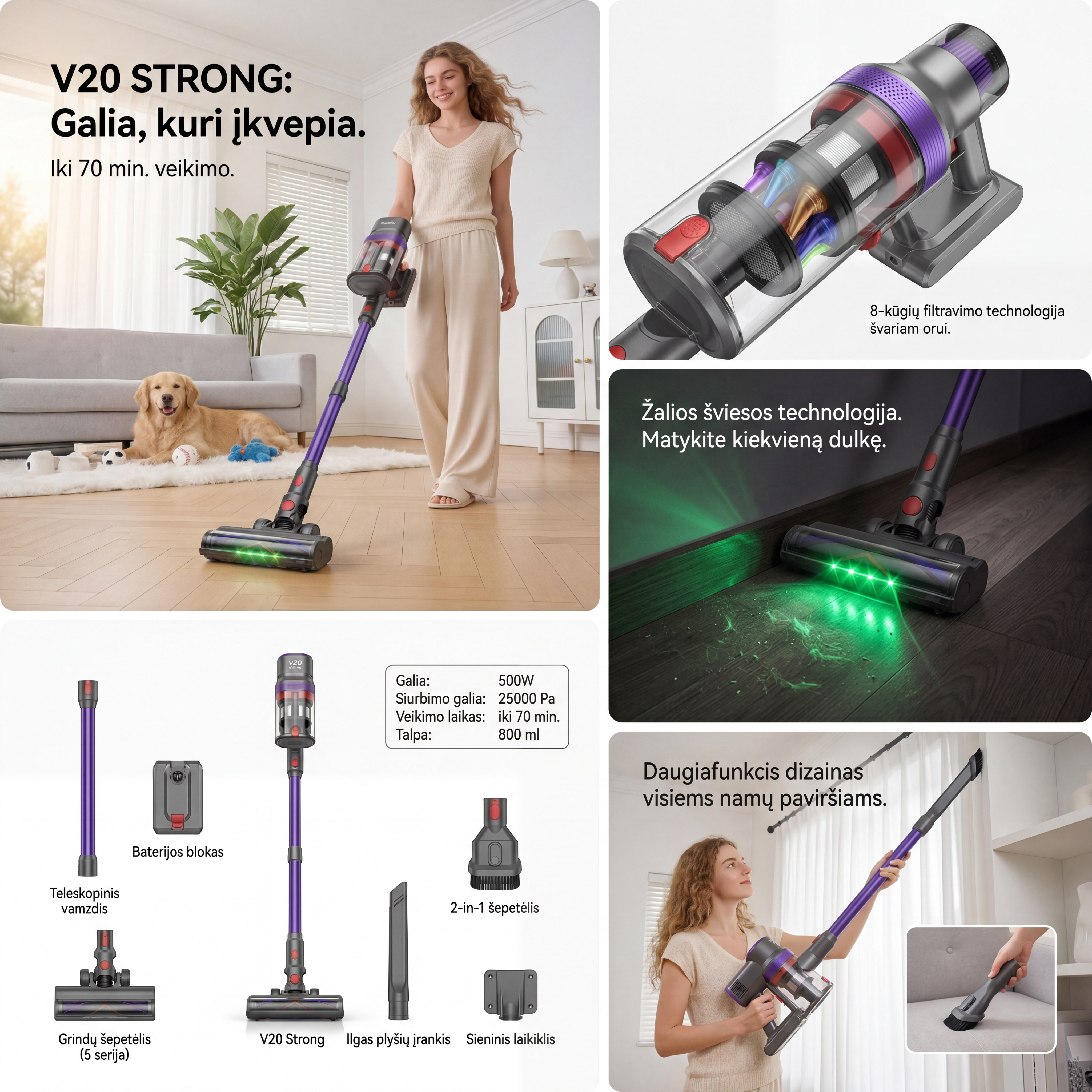V20 Strong belaidis siurblys 500W – 25 000 Pa, 70 min. veikimas, HEPA filtracija
