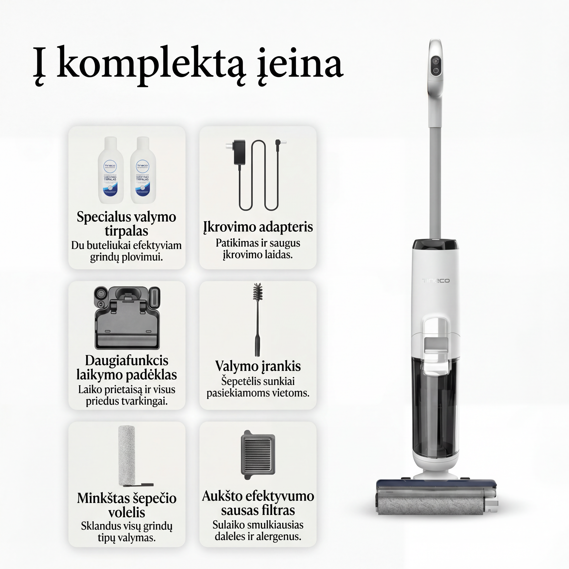 Tineco iFloor 5 komplektacija ir priedai – belaidis grindų valiklis Lietuvos rinkai
