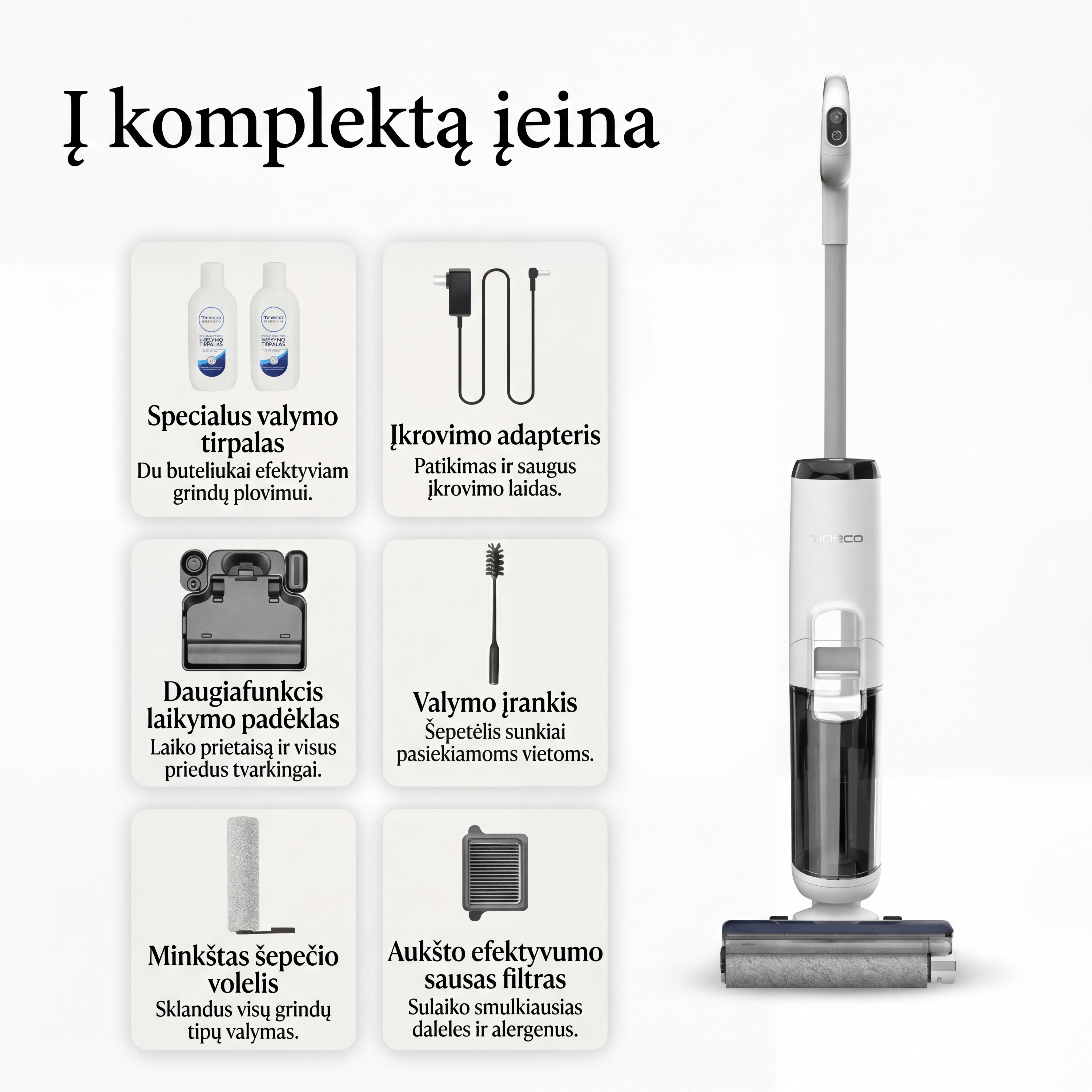 Tineco iFloor 5 komplektacija ir priedai – belaidis grindų valiklis Lietuvos rinkai
