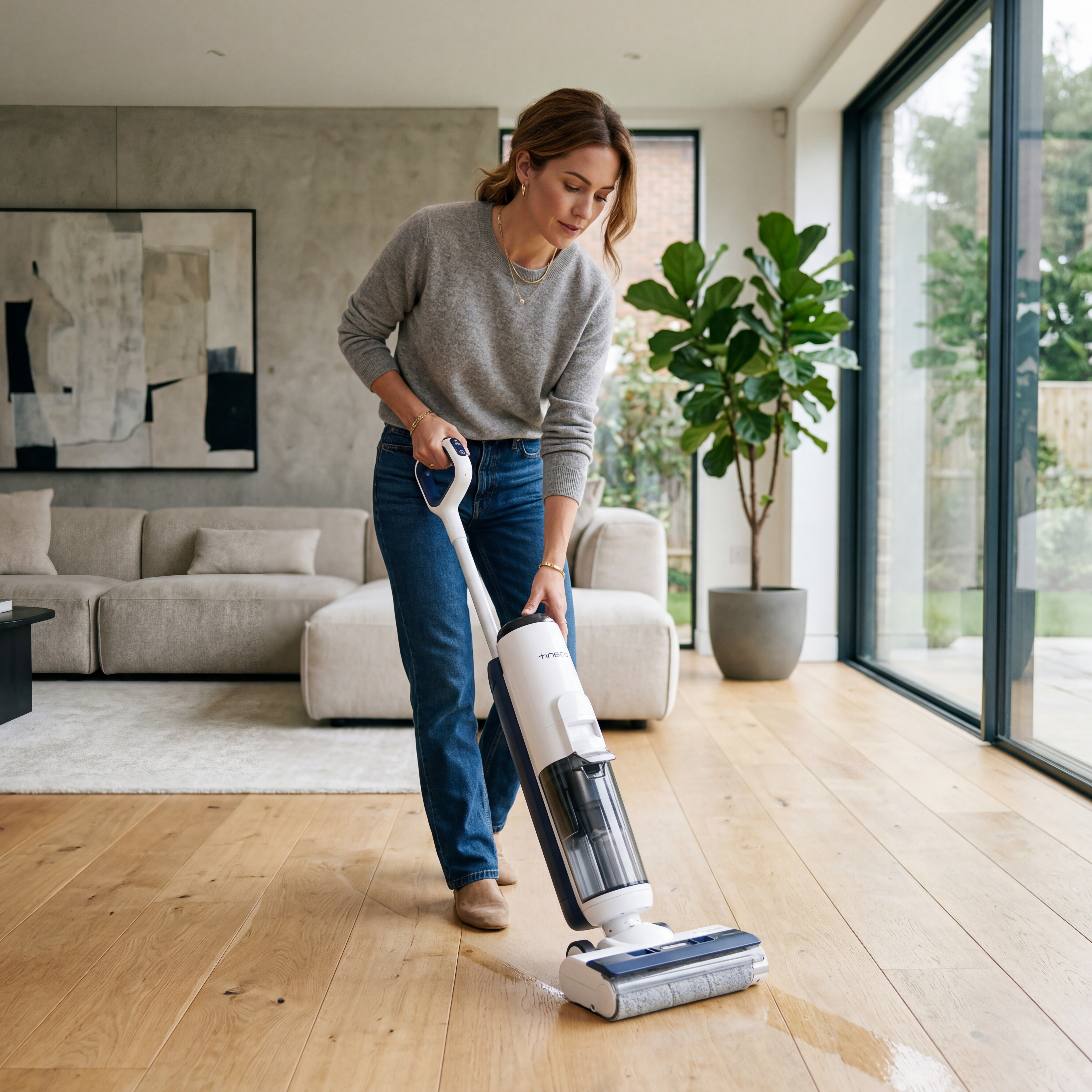 Moteris valo grindis Tineco iFloor 5 siurbliu moderniuose namuose – lengvas ir efektyvus valymas

