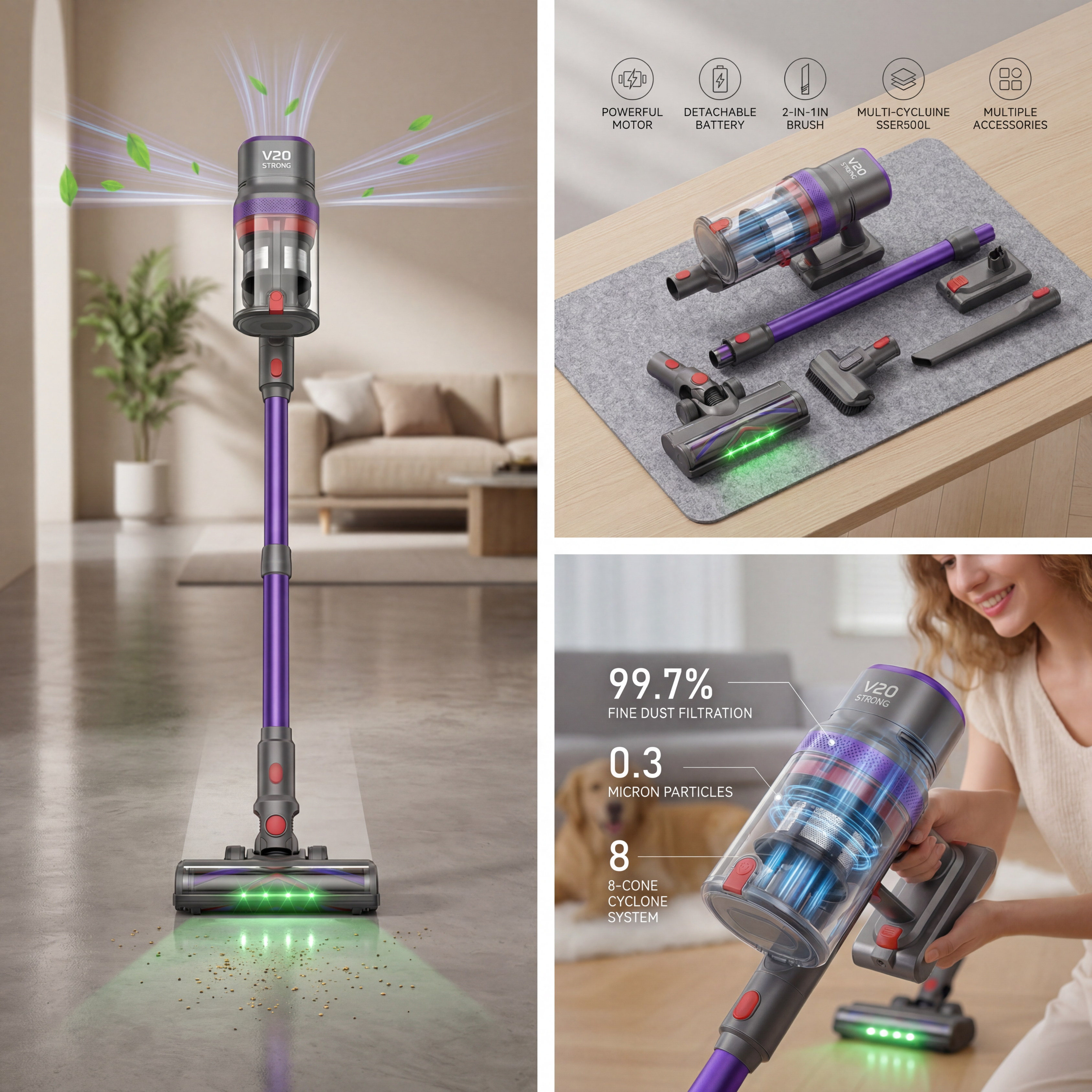 V20 Strong belaidis siurblys 500W – 25 000 Pa, 70 min. veikimas, HEPA filtracija
