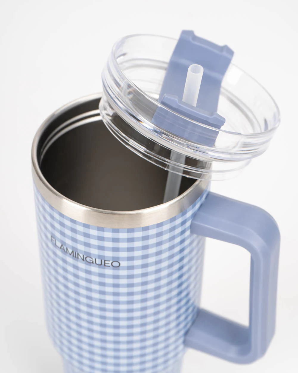 Violetinė languota gertuvė su rankena ir šiaudeliu - patogi kasdieniam naudojimui
